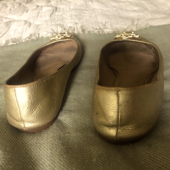 Tory Burch Metallic Gold Leather Ballet Flats With Gold Logo Size 7 - Picture 3 of 9